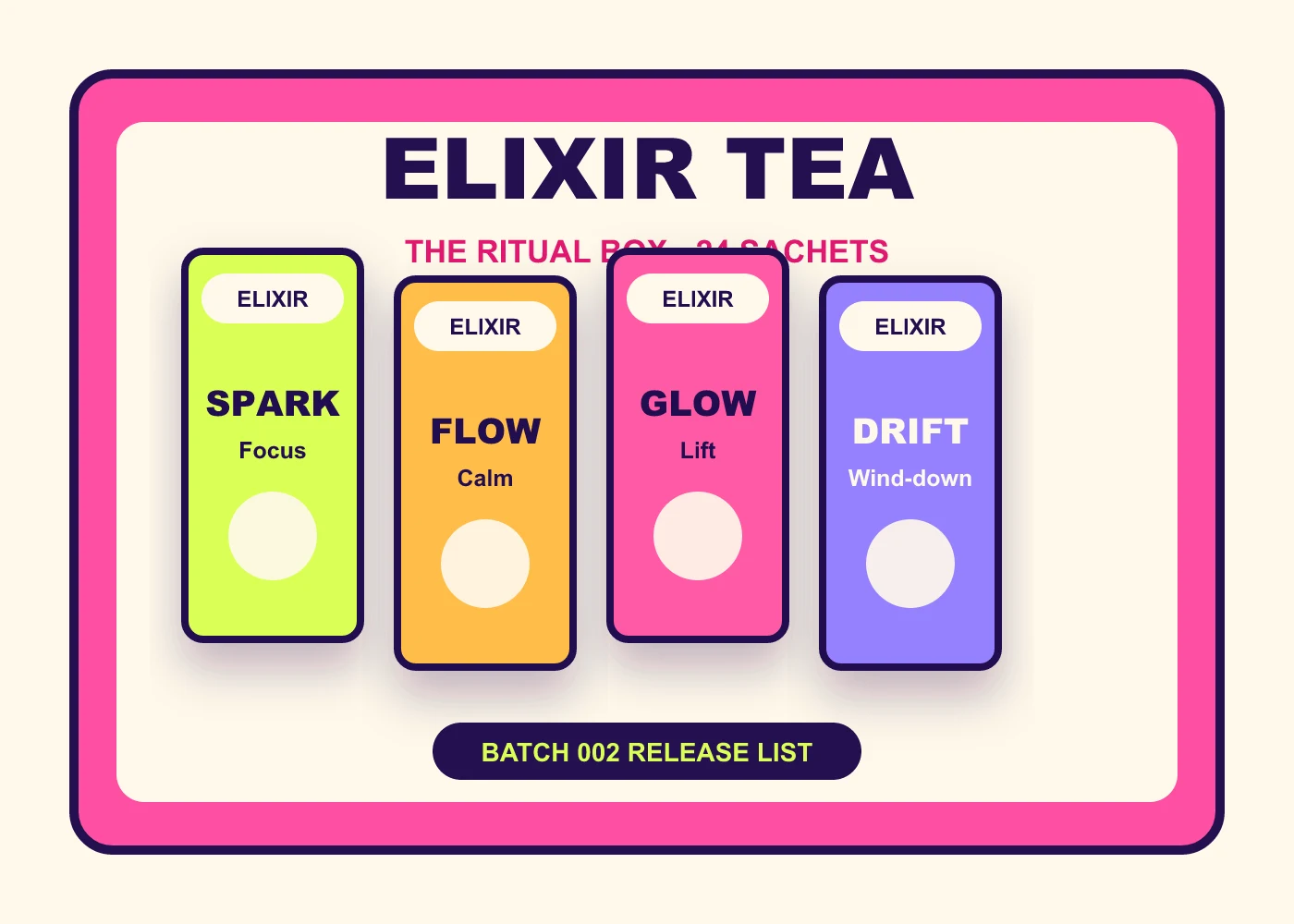 Elixir Tea Ritual Box with Spark, Flow, Glow and Drift sachet boxes